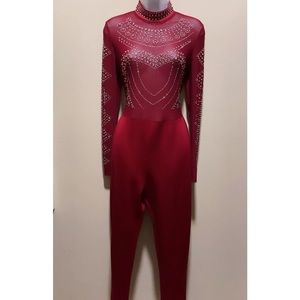 Burgundy studded mesh jumpsuit